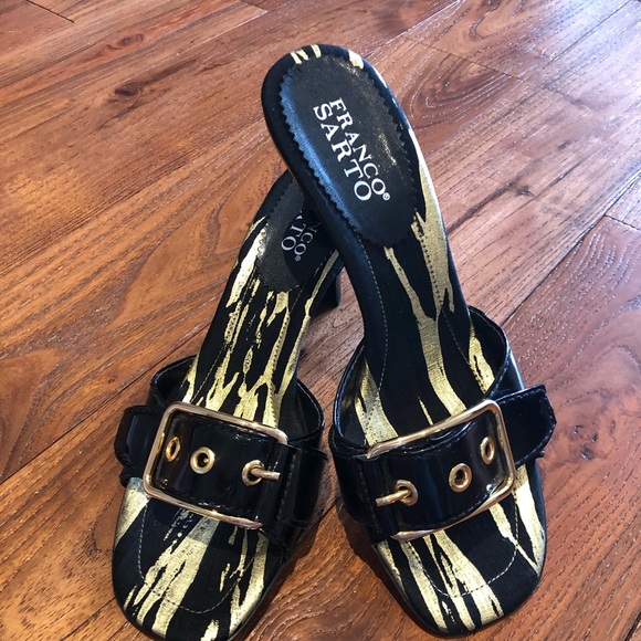 black and gold Franco sarto heeled opened toed mules with buckle. Size 7 - Picture 1 of 5